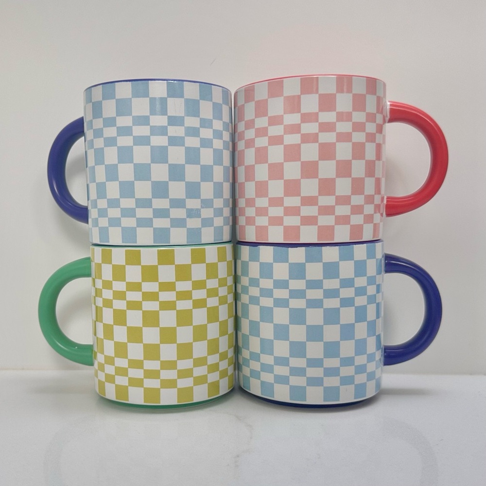 Indigo Checkered Retro Funky 70’s Style Ceramic Mug Set - Picture 2 of 16